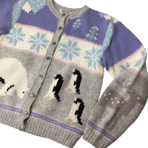 Vtg Hand Knit Skyr Cardigan Sweater Nordic Fair Isle Penguin Polar Bear Reindeer - Picture 9 of 11